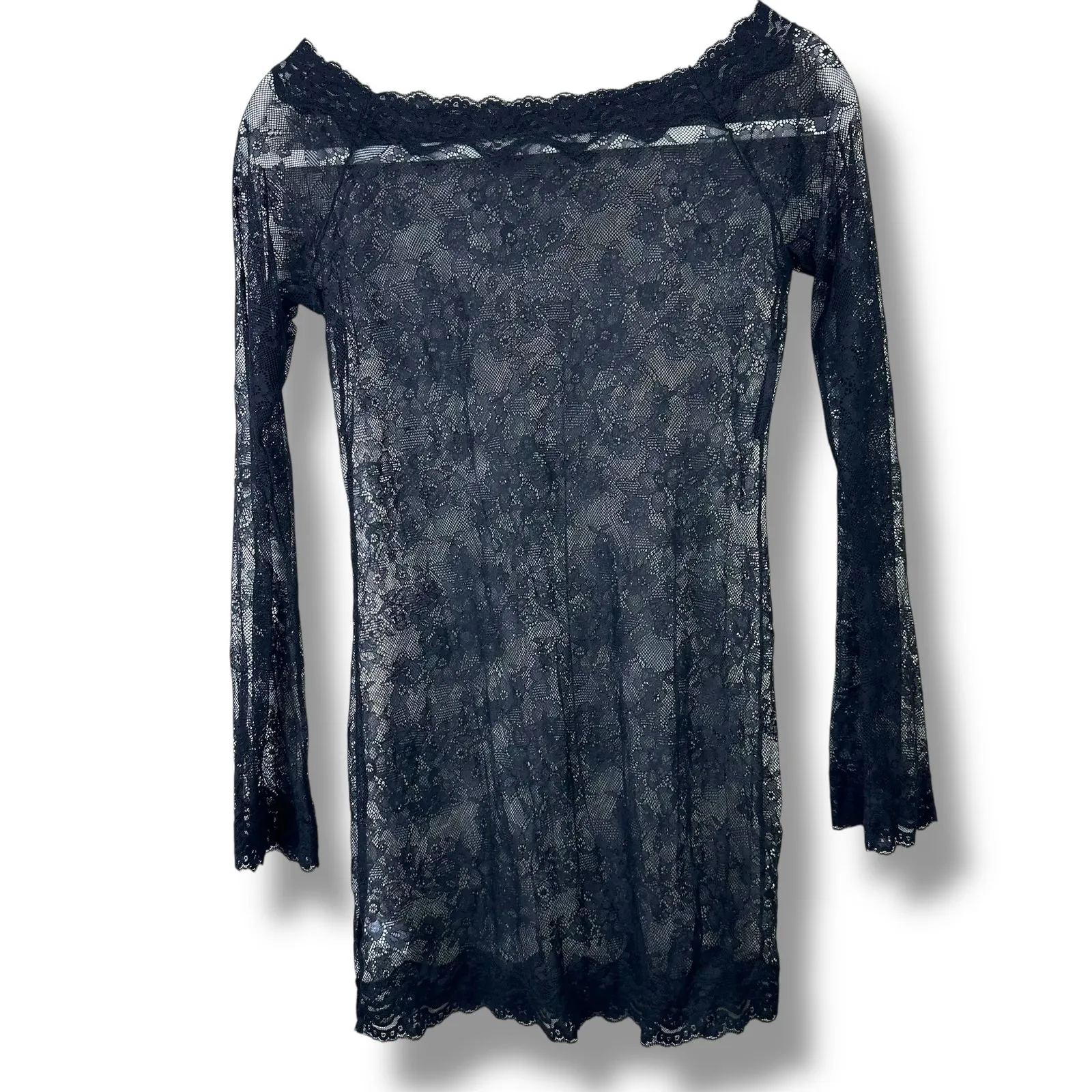 Floral Lace Black Long Sleeve Boat Neck Romantic Sleepwear Lingerie Mini Dress Size M - Image 5