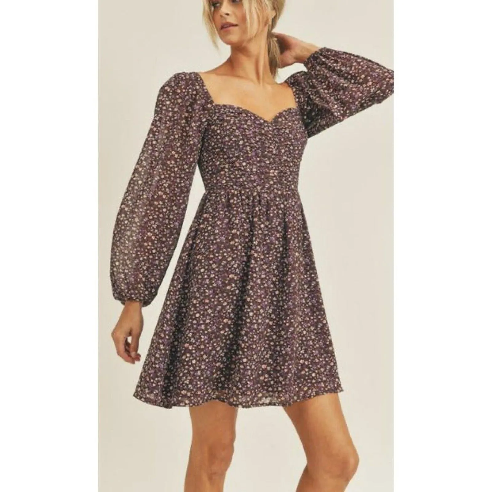 LUSH Boho Smocked Sweetheart Milkmaid Dress in Brown Berry Floral - Image 4