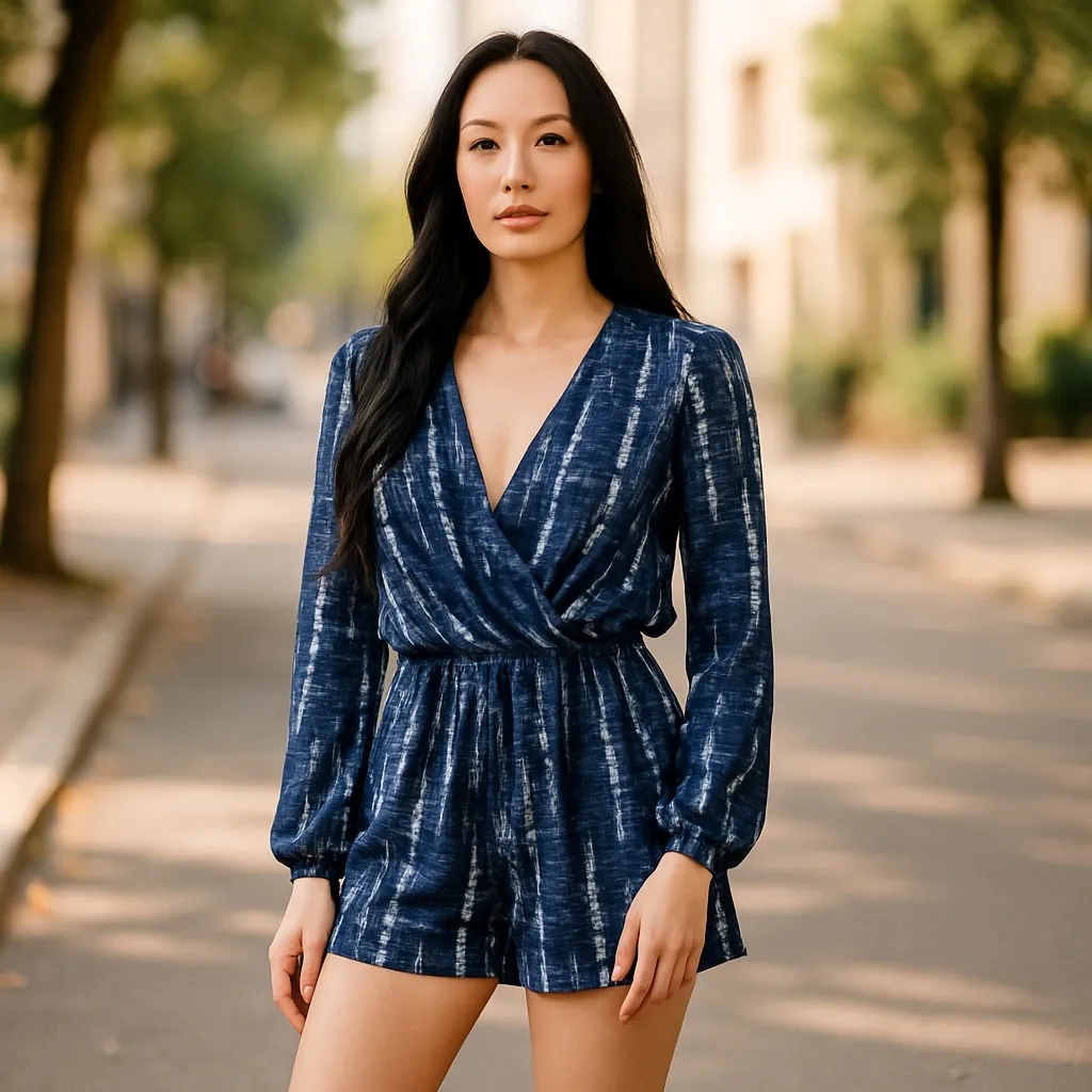 VINTAGE HAVANA BLUE WHITE LONG SLEEVE SURPLICE V-NECK STRETCH PRINT LINED ROMPER - Image 7