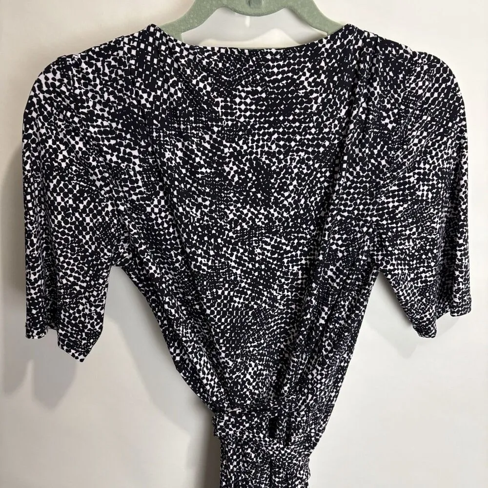 RALPH LAUREN Elbow Sleeve Midi Stretch Knit Wrap Dress Sz 10 Black White Print - Image 7