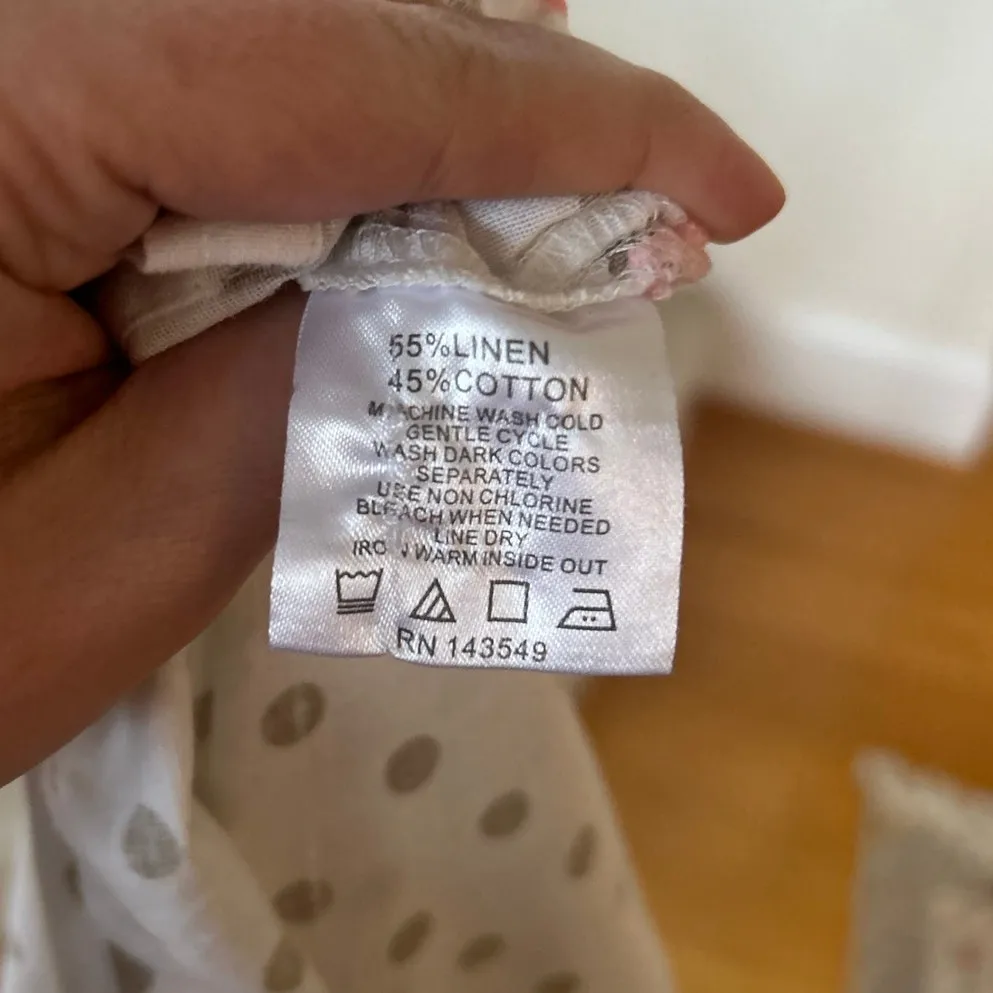 Symple NYC Linen Cotton White Beige Polka Dot Scoop Neck Short Sleeve T - Image 6