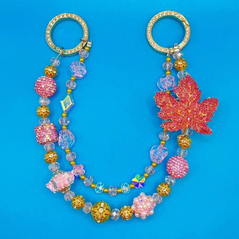 🍁Luxury Bag/Phone Chain Charm/Keychain Pink Rhinestone MAPLE LEAF Bling Beads - Image 4