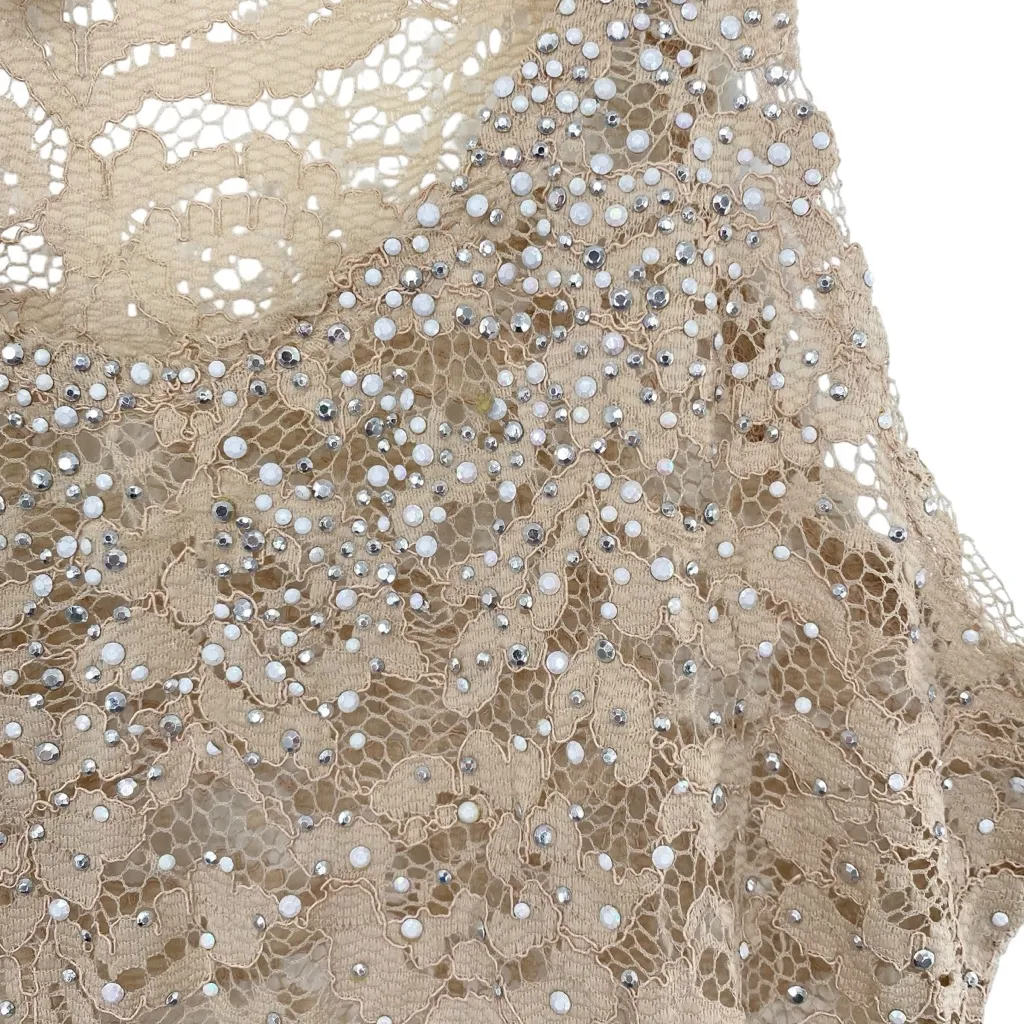 Daytrip Beige Sheer Lace Embellished Beaded Tank Top - Image 4