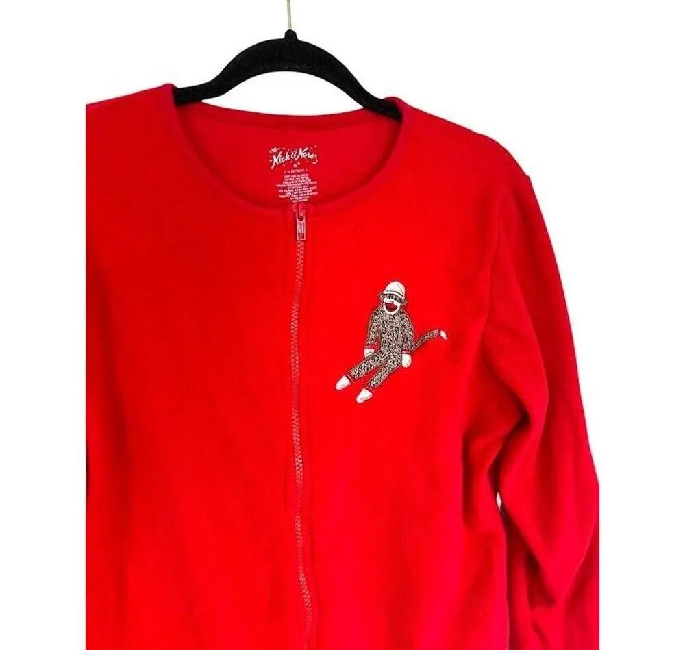 Nick & Nora One Piece Footed Fleece Pajama Sock Monkey Red Size Medium Womens - Image 4