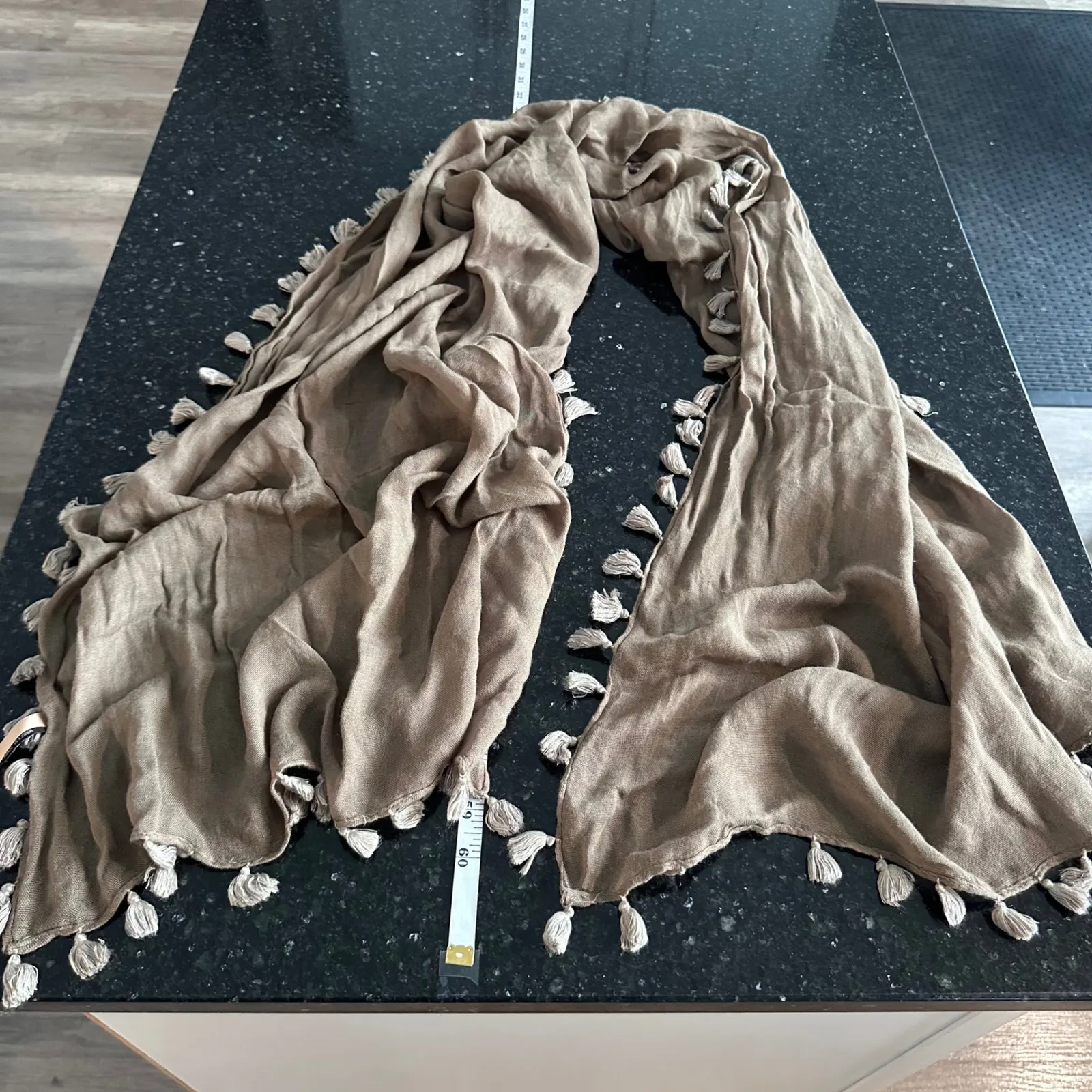 LOOK BY M Women's Taupe 100 Cotton Tassel Scarf Shawl Wrap Neutral Minimalist Brown - Image 4