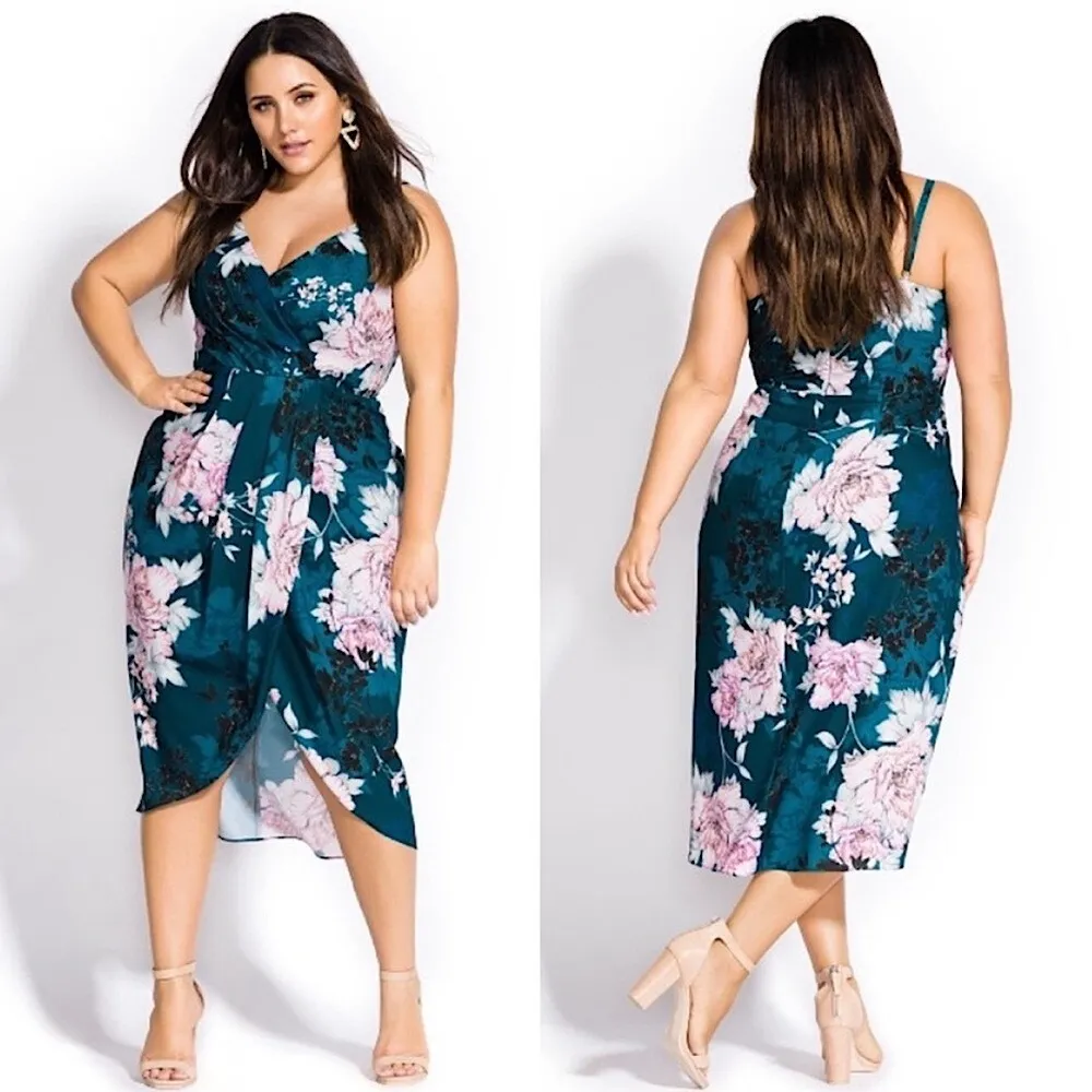 City Chic Jade Blossom Floral Sleeveless V Neck Tulip Hem Midi Dress 16 - Image 2