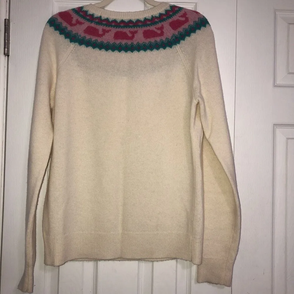 Vineyard Vines Cream Pink Whale Crewneck Sweater Fair Isle‎ Women's Small Rare - Image 10