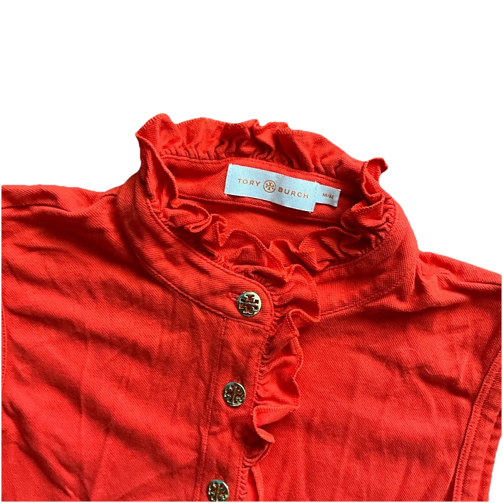 Tory Burch Red Orange Ruffle Sleeveless Polo Top Medium Polyester Blend - Image 6