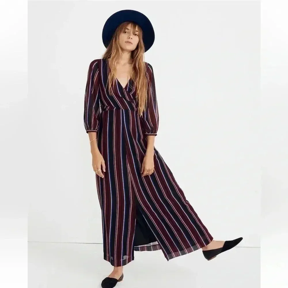 Madewell Wrap-Around Maxi Dress‎ in Stockdale Stripe Maroon Navy Size 00 ($178) - Image 2