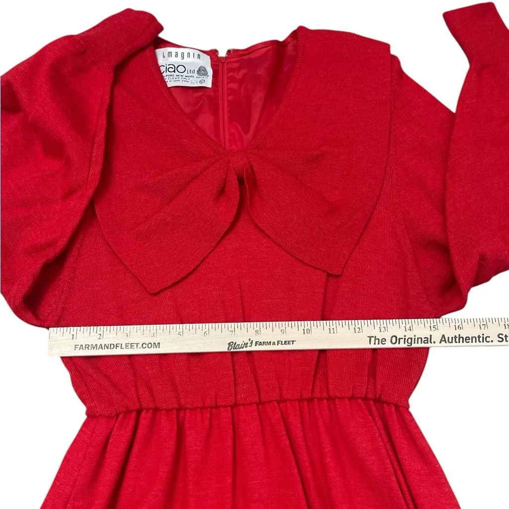 Vtg Ciao Ltd I. Magnin Red Wool Exaggerated Bow Long Sleeve Dress Size 12 - Image 7
