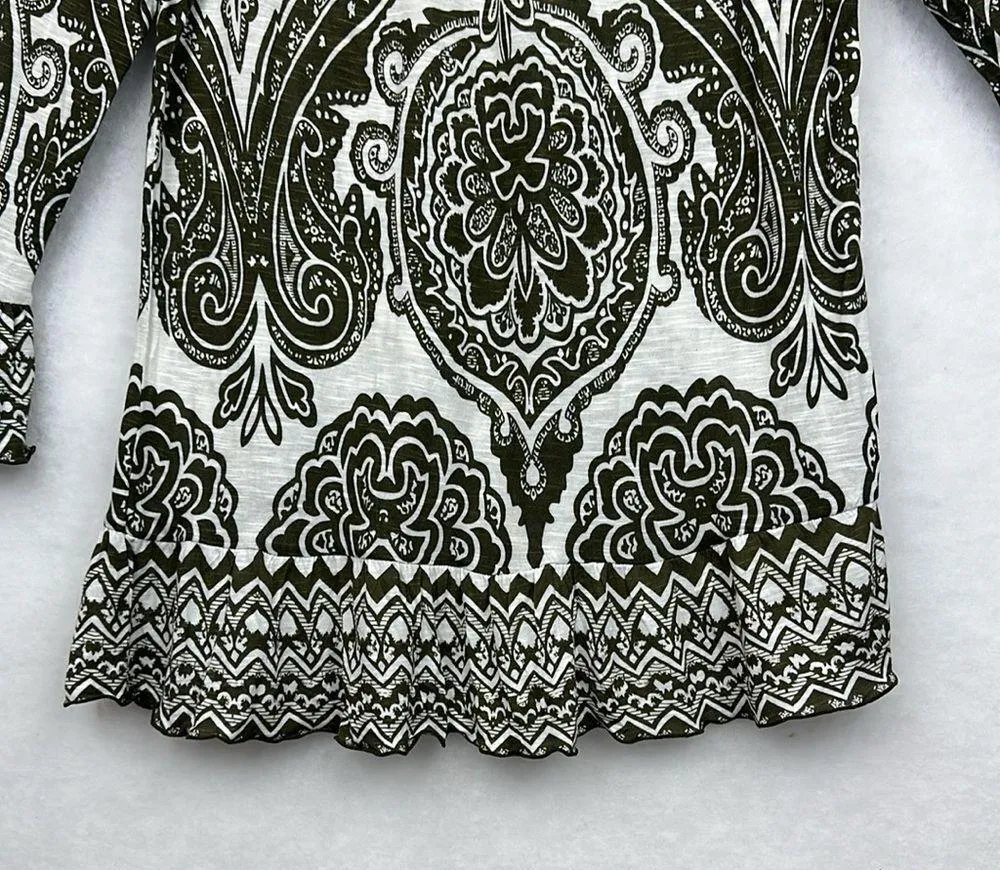 INC Top Womens Dark Green White Geometric Peasant Flowy Ruffle Size Large - Image 3