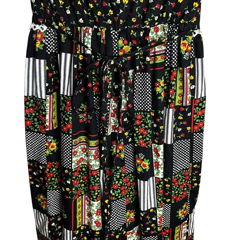70s Vintage JCPenney Micro Floral Patchwork Puff Sleeve Lace Tie Back Maxi Dress Black Size XS - Image 6