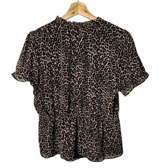 J.‎ Crew Leopard Print Blouse Small A0549 Smocked Waist Short Sleeve Black Tan - Image 6