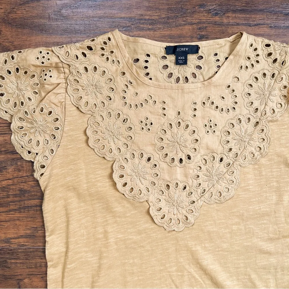 J Crew • Embroidered Eyelet Flutter-sleeve T-shirt scalloped yoke lace yellow - Image 4