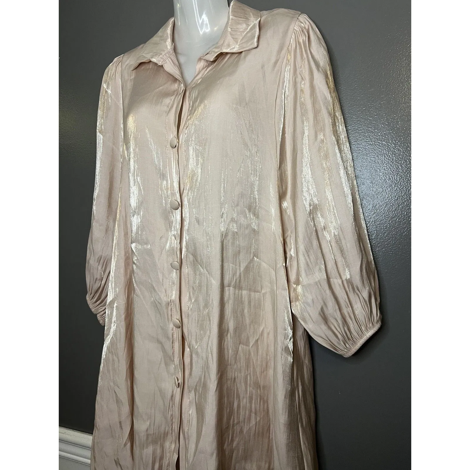 Boohoo Shirt Dress Womens 10 Pink Satin 3/4 Puff Sleeve Button Front Knee Length - Image 4