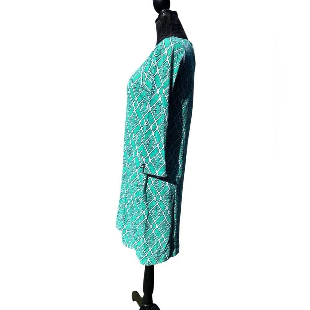 Crown & Ivy Green Geometric Shift Dress Small 3/4 Sleeve Cotton Blend Preppy - Image 4