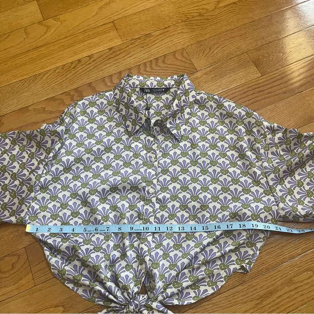 Zara Pineapple Jade Green Purple Satin Pajama Style Cropped Top front tie shirt - Image 11