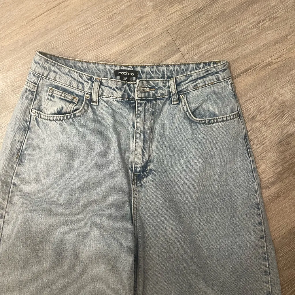 BOOHOO LIGHT BLUE THICK DENIM WIDE LEG JEANS US8 - Image 4