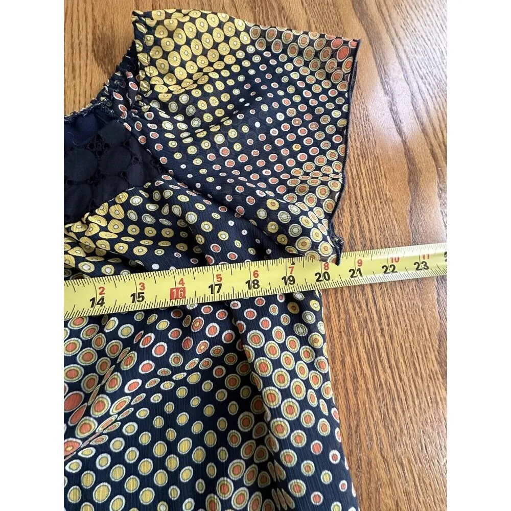 KLD Signature Geometric Print Chiffon Sheer Shift Dress Eyelet Lace Neck Size L - Image 8