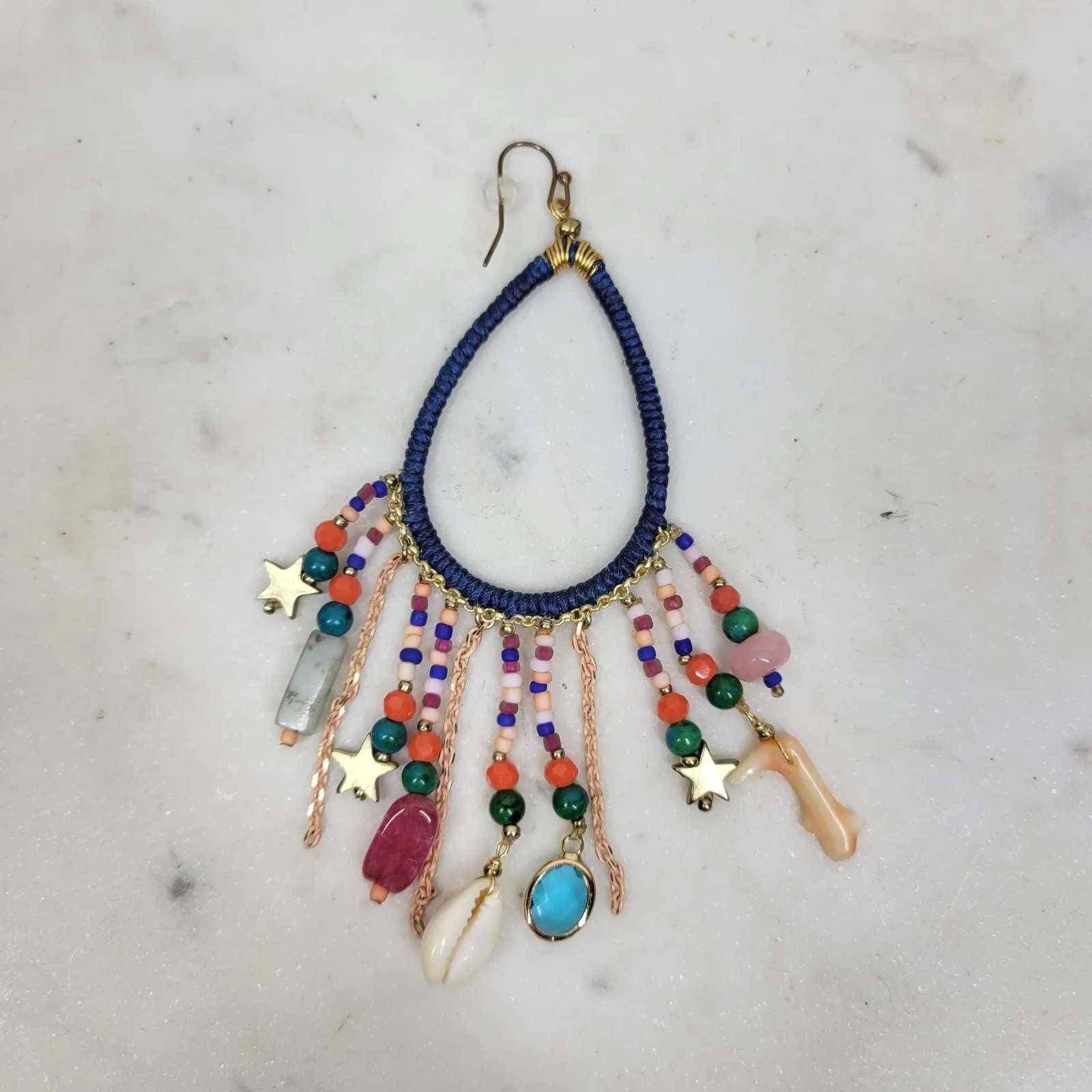 Boho Coral Shell Dangle Earrings Women Coastal Eclectic Beaded Multi Color Blue - Image 4