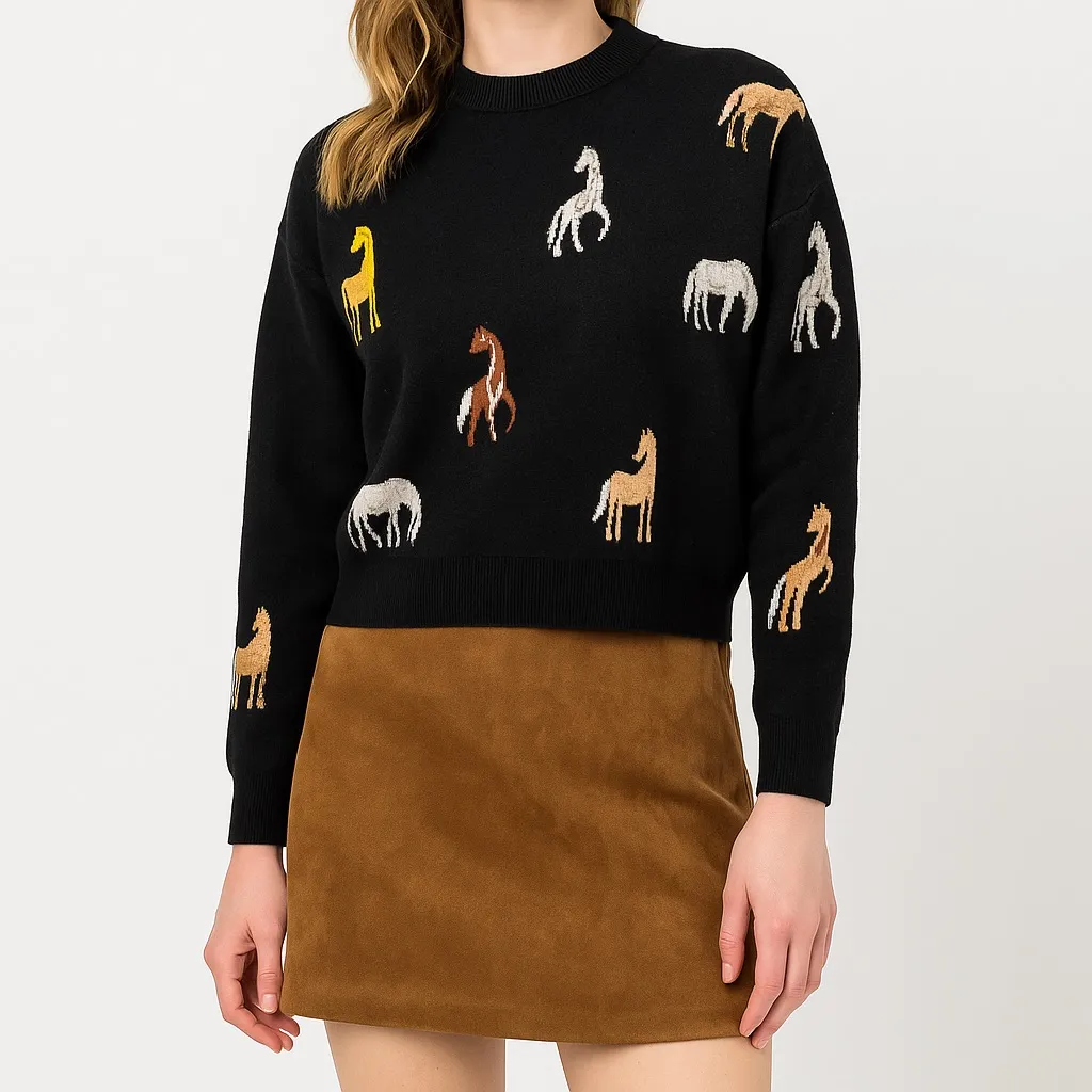 THML Black Horse Print Sweater Knit Crewneck Pullover Equestrian Western Small - Image 9