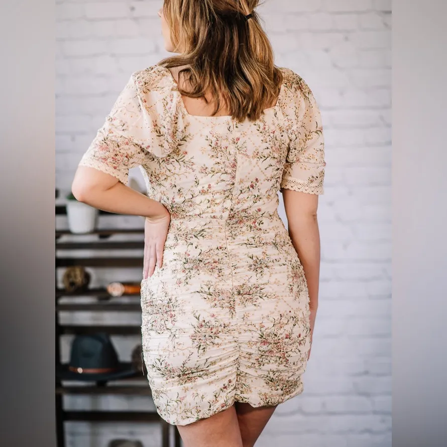 Free The Roses Endless Ross Floral Mini Dress Embroidered Ruched size Large Pink - Image 2