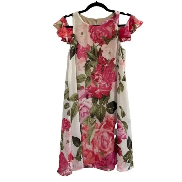 Eliza J Floral Swing Flutter‎ Sleeve Cold Shoulder Sheath Cocktail Dress Size 4 - Image 3