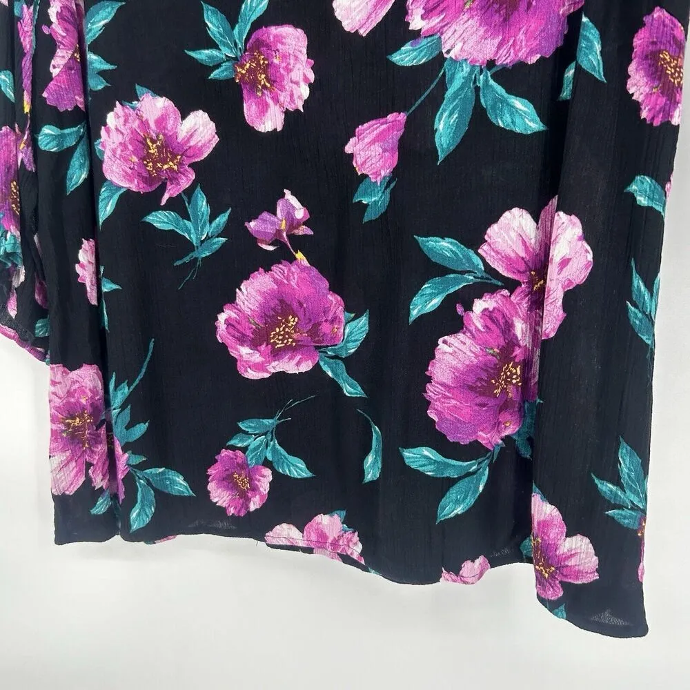 Indigo Rose Black Floral Gauzy Top Boho Feminine Flare Slit Sleeves Size 1X - Image 5