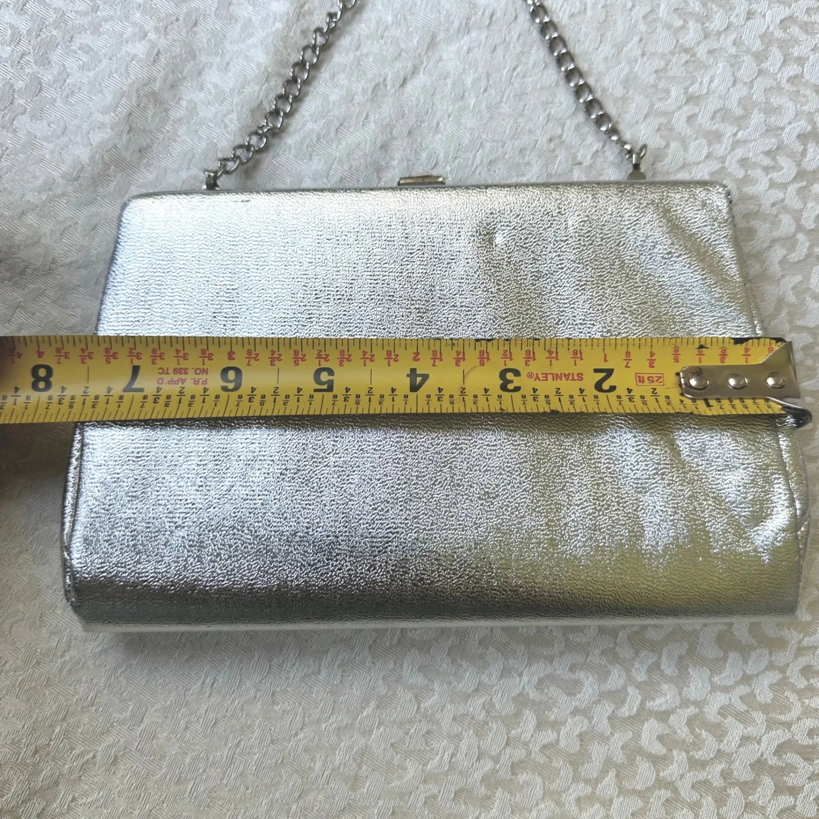 Vintage Silver Metallic Evening Bag Clutch with Chain Strap‎ Prom Party - Image 3