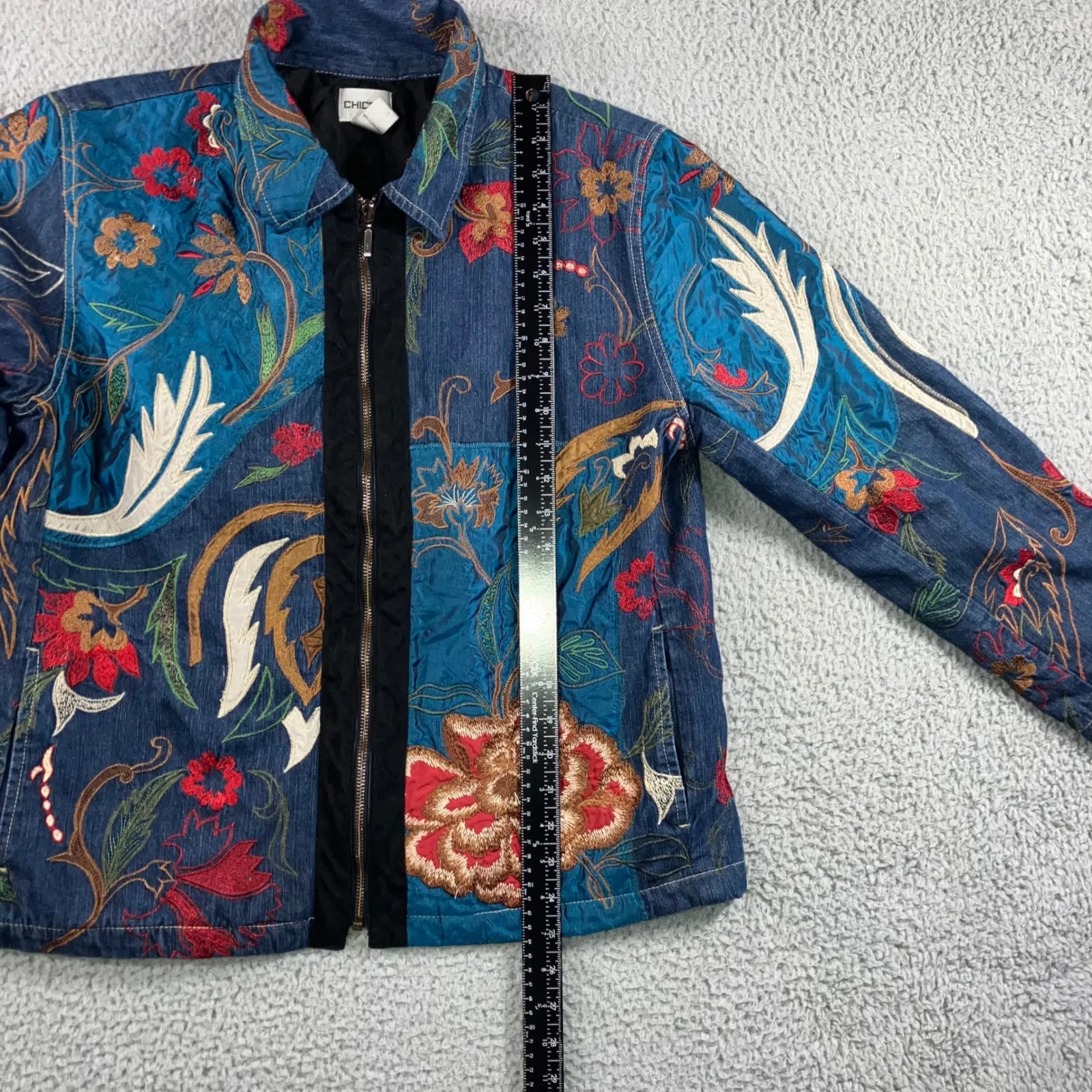 Vintage Chicos Denim Embroidered Floral Jacket Women 2 Blue Quilted Lined Zip Up - Image 5