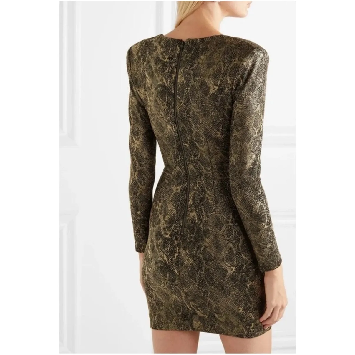 Alice + Olivia Diaz Plunging Long Sleeve Dress Black & Gold Ruched Mini Size 6 - Image 3