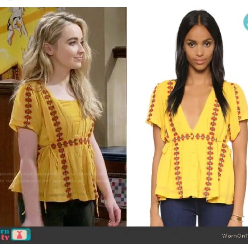 Tularosa Golden Sunshine Yellow Embroidered Short Sleeve V Neck Top XS - Image 11