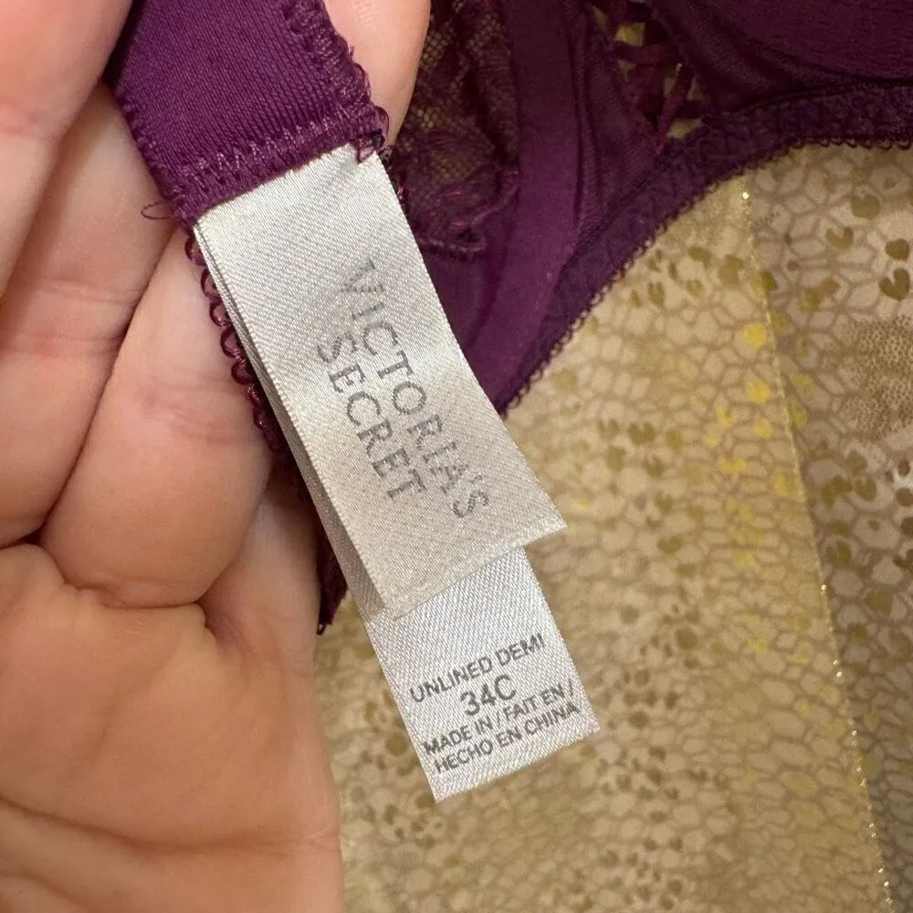 Vintage Victorias Secret Plum Purple Lace Unlined Demi Bra 34C - Image 8
