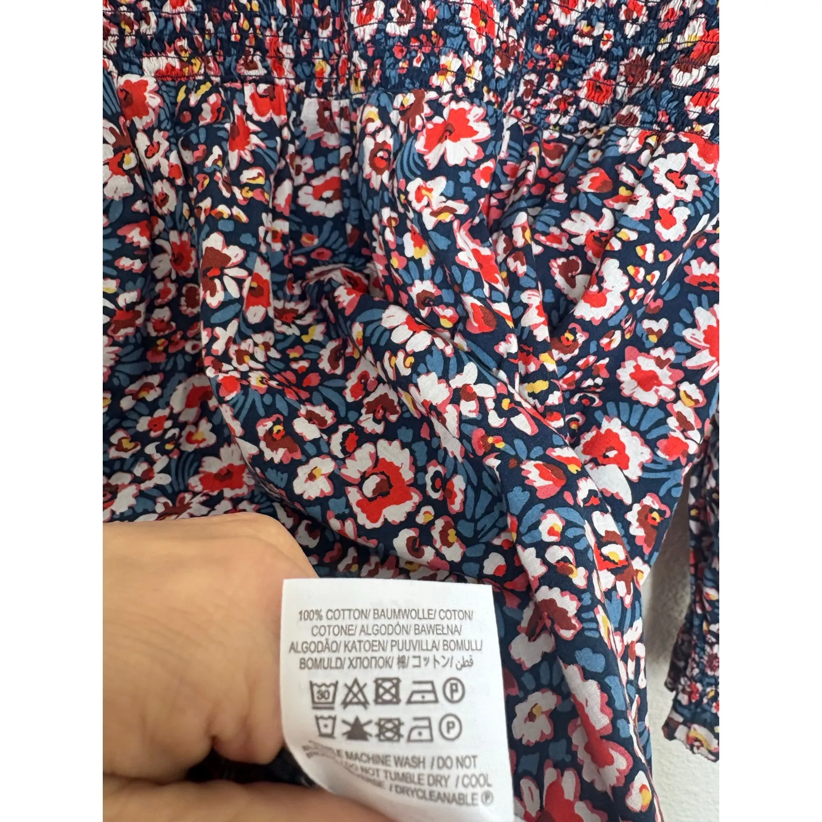 Boden Smocked Bodice Mini Dress Size 12L Blue Floral Long Sleeve Boho Preppy - Image 7