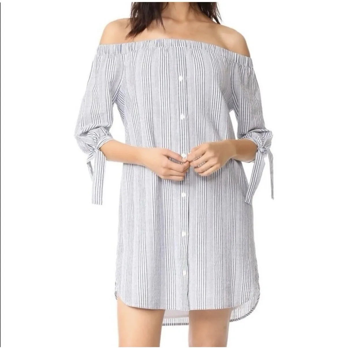 MADEWELL Blue & White Striped Off-Shoulder Shirt Dress XS Cotton Lined Nautical - Image 2