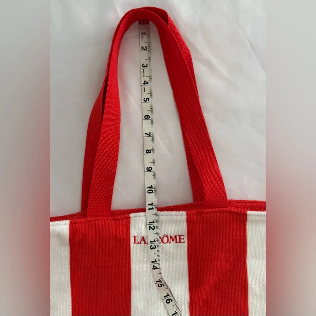 Lancome Beach Towel Tote Bag Red/Orange White Large Striped Overnight Bag Red - Image 9
