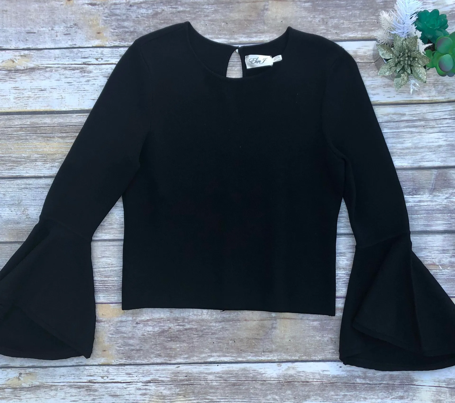 Black Bell Sleeve Top Keyhole Shirt - Image 3