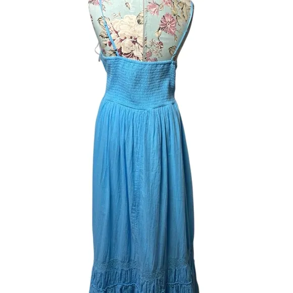 American Eagle Corset Tiered Maxi Dress sz Large Blue‎ Smocked Milkmaid Boho - Image 13