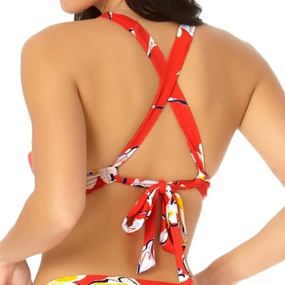 Catalina Bikini Set Red Floral Tie Back Top High Waisted Bottom Swim Small NEW - Image 7