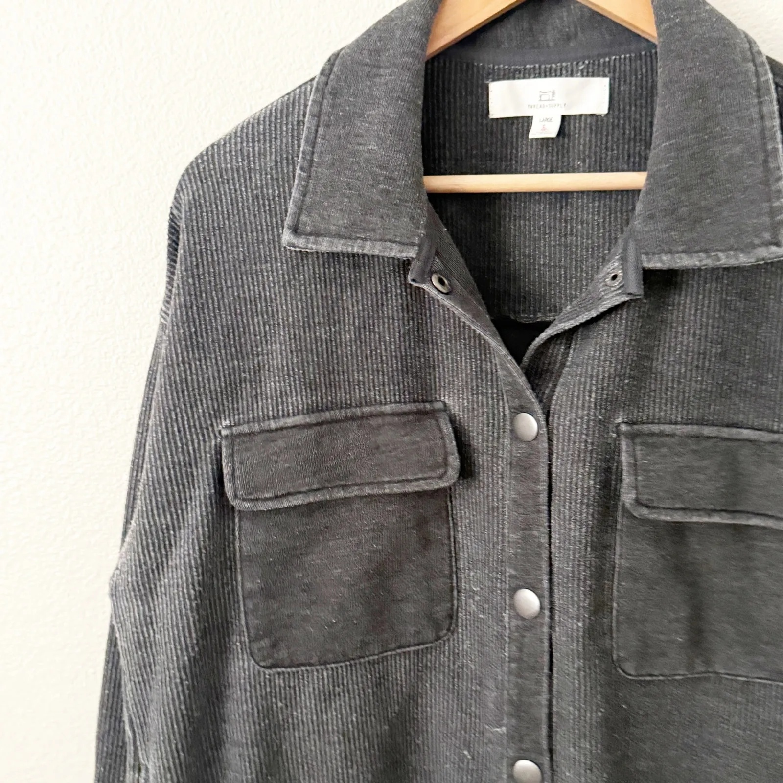 THREAD & SUPPLY | Weathered Black Shacket Ribbed Snap Pockets Jacket | Large - Image 2