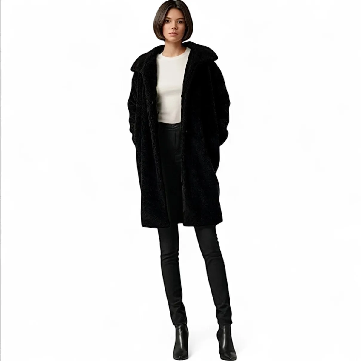 Lanshifei black teddy bear trench coat oversized winter chic minimalist cozy Size M - Image 2