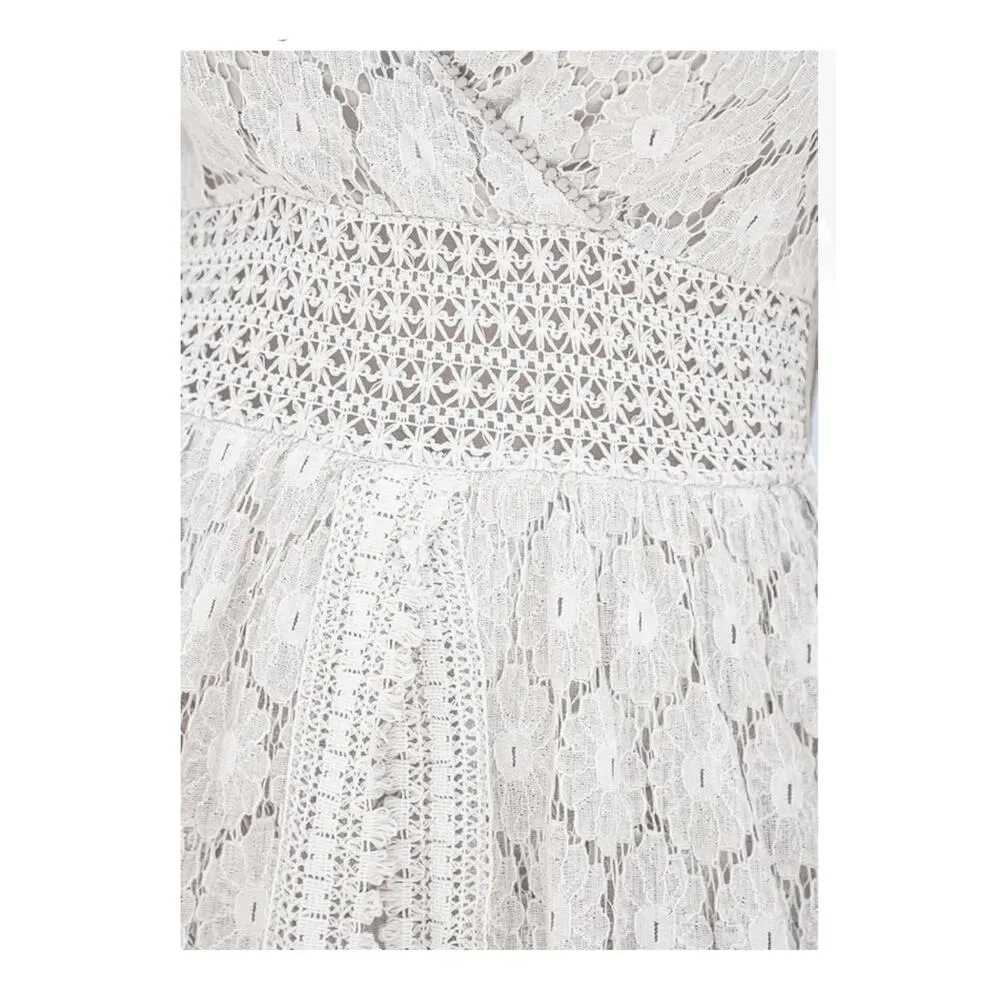 CUPSHE Womens XL CROCHET JUMPSUIT Shorts + Dress White High Low Floral Smocking - Image 12