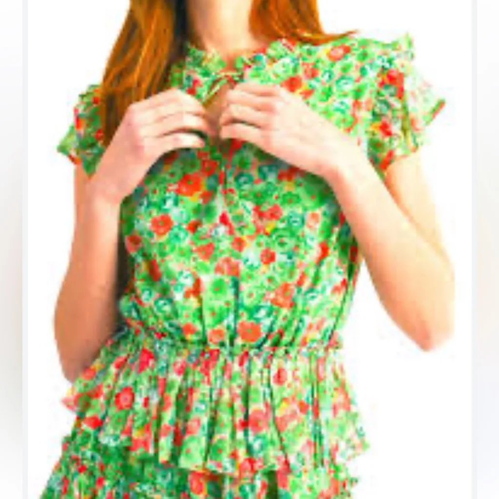 Reset by Jane Joelle Floral Ruffle Mini Dress Green Pink Tie Neck Small - Image 8