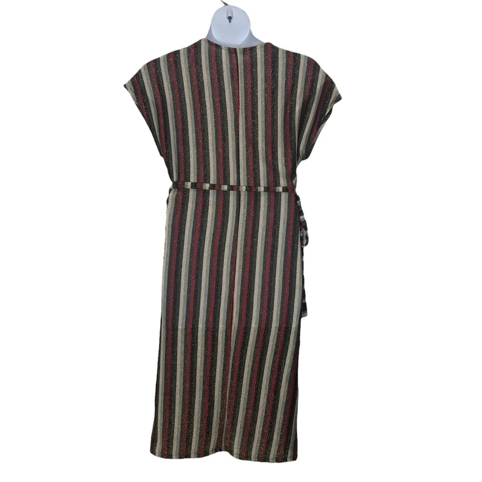 Zara Metallic Striped Belted Midi Dress V-Neck Size M - Image 9