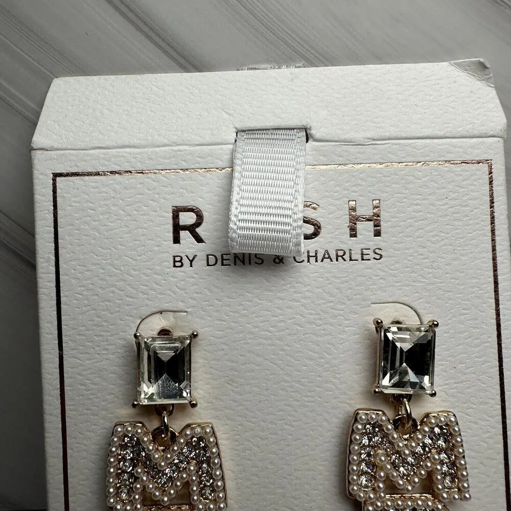 Rush Denis & Charles Rhinestone Faux Pearl MRS For Bride Pierced Dangle Earrings Gold - Image 4