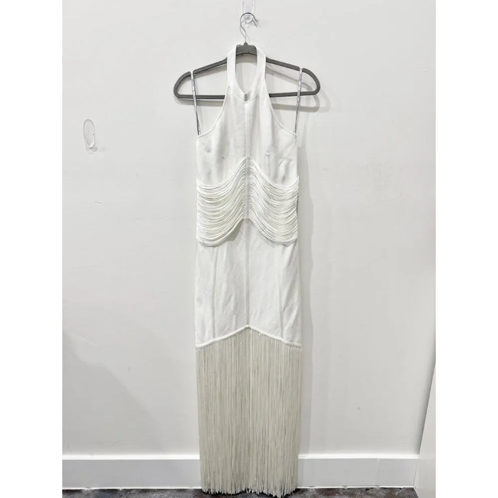 NWT Herve Leger Draped Waist Halter Fringe Gown Alabaster Women's Size Medium - Image 5