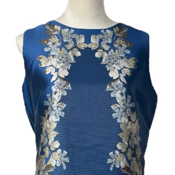 Classic Sheath Dress Sleeveless Blue Gold Silver Metallic Floral Women’s Size 12 - Image 5