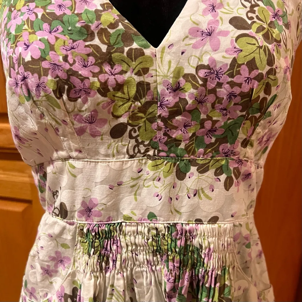Anthropologie x Anna Sui Hidden Grove Floral Silk Ruched Halter Dress Size 8 - Image 4