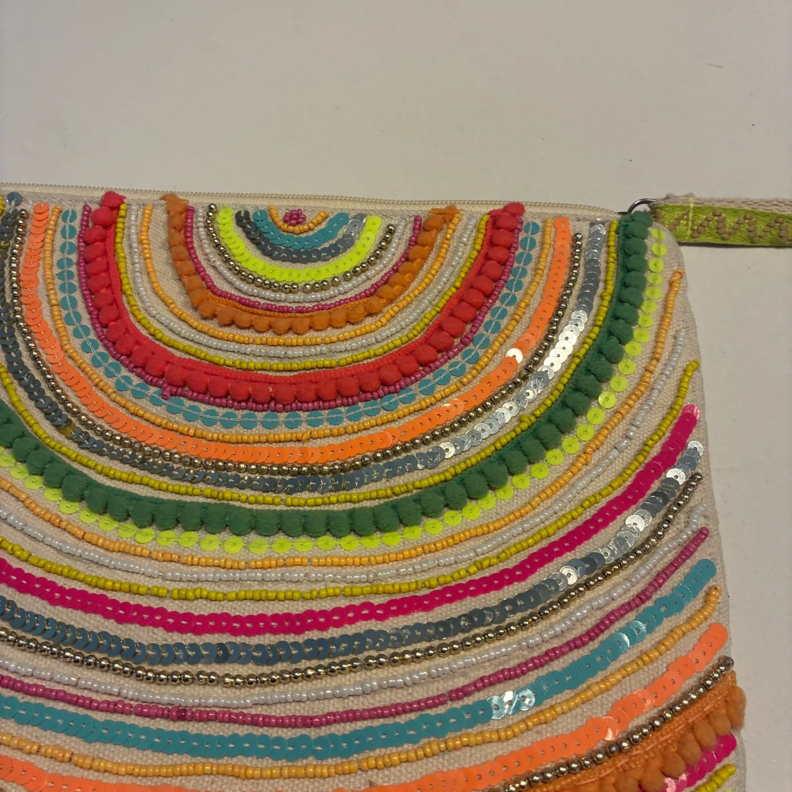 AMERICA & BEYOND Boho Beaded Sequin Clutch Wristlet Pouch Neon Rainbow Festival Yellow - Image 5