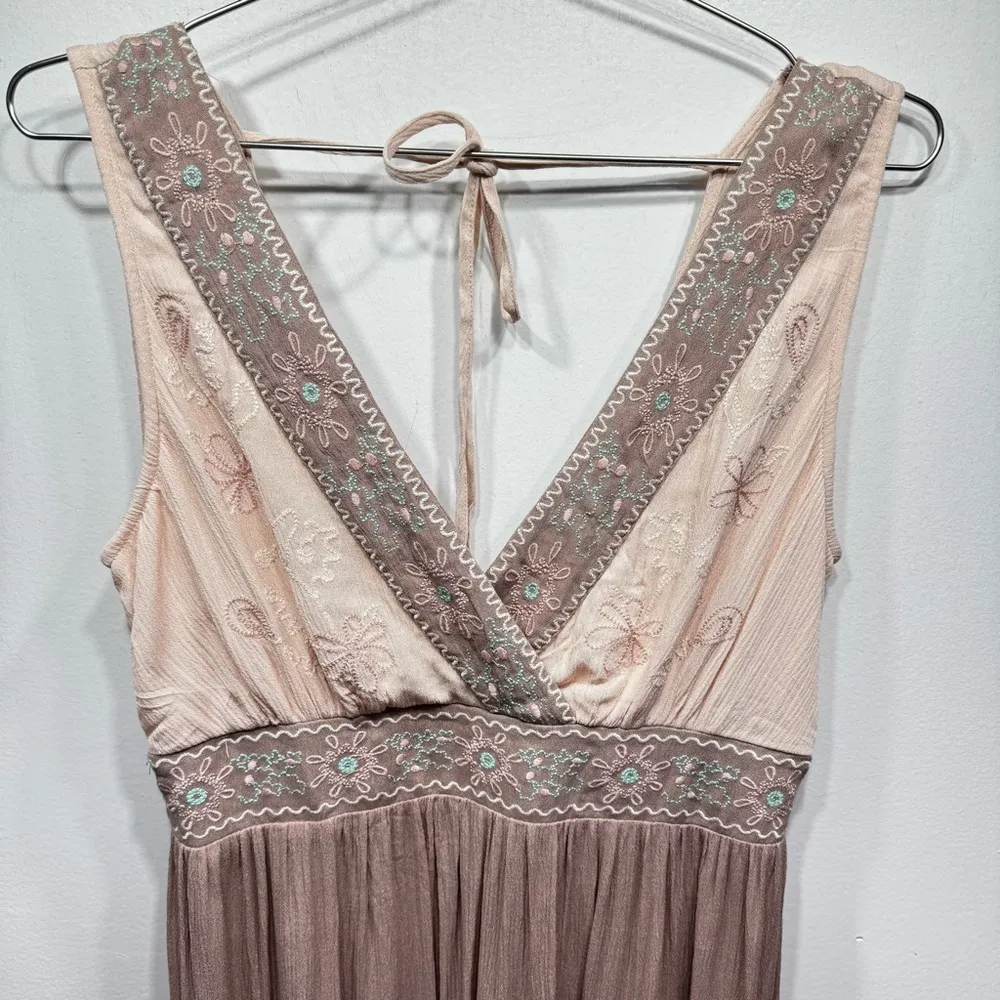 Soiéblu Beige & Taupe Sleeveless Boho Hippie Maxi Dress Embroidered High Waist - Image 6